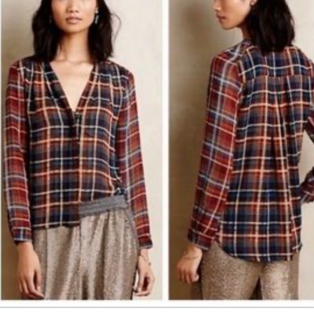 Anthropologie Maeve Semi  Sheer Plaid Button Down Blouse Long Sleeved Sz S